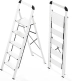 Scaletta 5 Gradini Pieghevole in Alluminio Leggera con Corrimano, Blocco di Sicurezza, Pedali Antiscivolo, Scala per Cucina Garage Casa