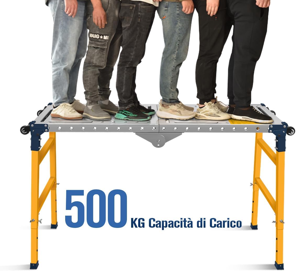 Piattaforma da Lavoro Multifunzione 2-in-1 | Trabattello Portatile Tavolo per Saldatura con Ruote | Lavoro Zincata 36x140 cm | Portata 500 KG