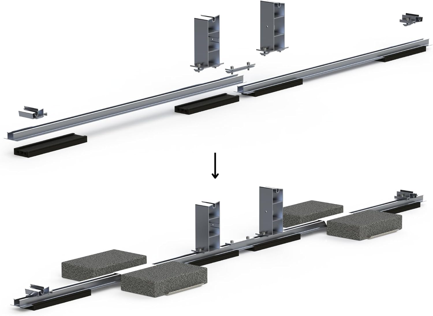 Komplette Montageset für 4 Solar Module geeignet für Flachdach, Garagedach und ebener Boden bis zu 5° Dachneigung, Aufstellungwinkel 10°, Süden oder Ost-West Ausrichtung