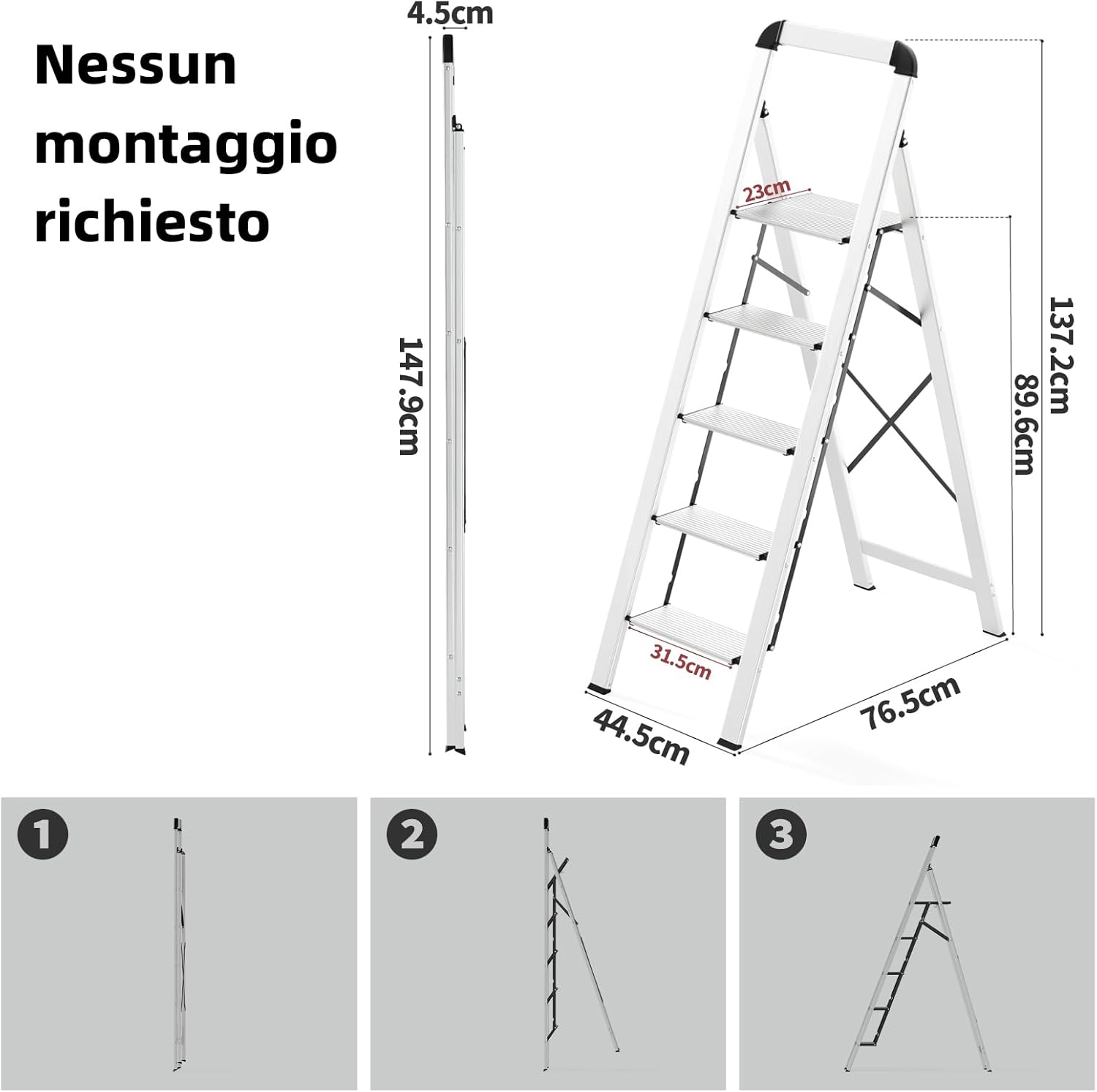 Scaletta 5 Gradini Pieghevole in Alluminio Leggera con Corrimano, Blocco di Sicurezza, Pedali Antiscivolo, Scala per Cucina Garage Casa