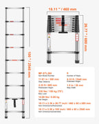 Scala Telescopica Portatili a 9 Gradini, Capacità di Carico di 150 kg Scala Estensibile Leggera in Acciaio Inossidabile da 2540 mm Piedini Antiscivolo, per Casa, Camper, Soffitta