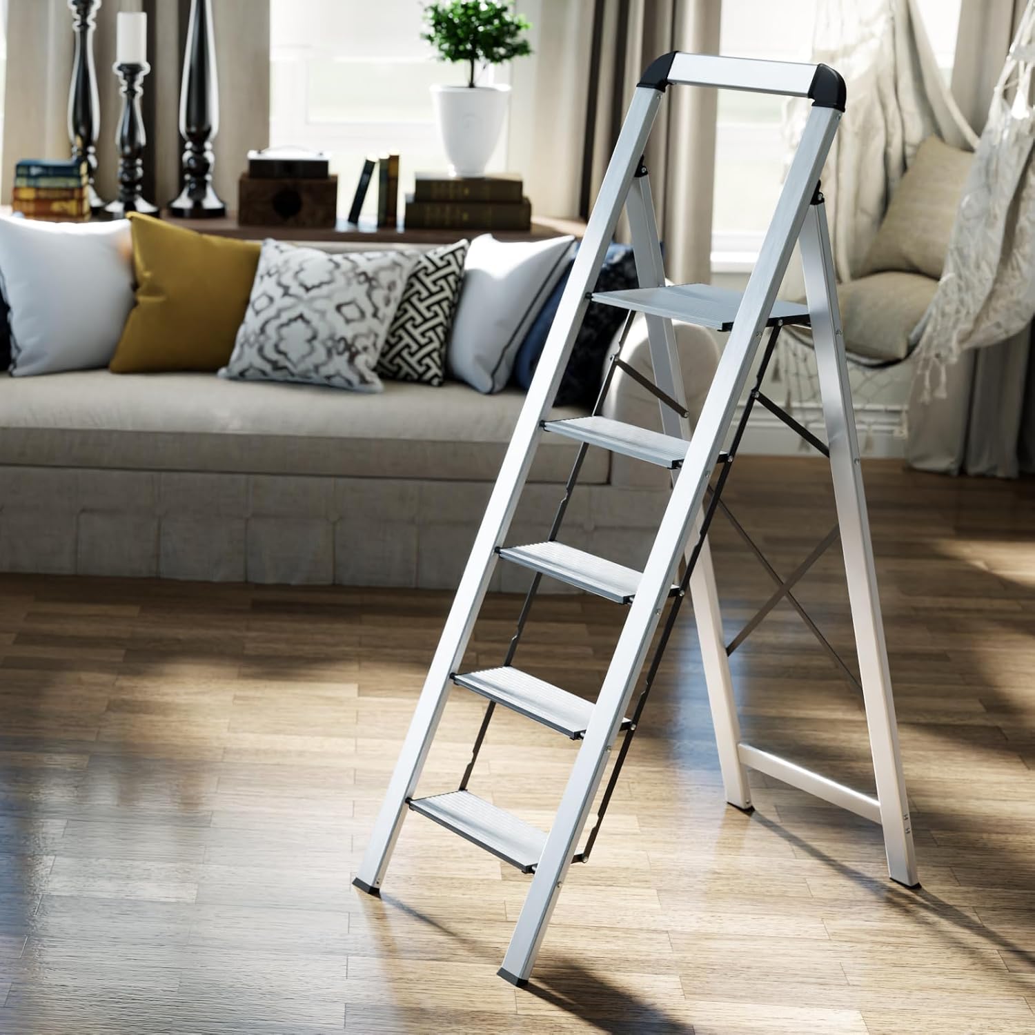 Scaletta 5 Gradini Pieghevole in Alluminio Leggera con Corrimano, Blocco di Sicurezza, Pedali Antiscivolo, Scala per Cucina Garage Casa