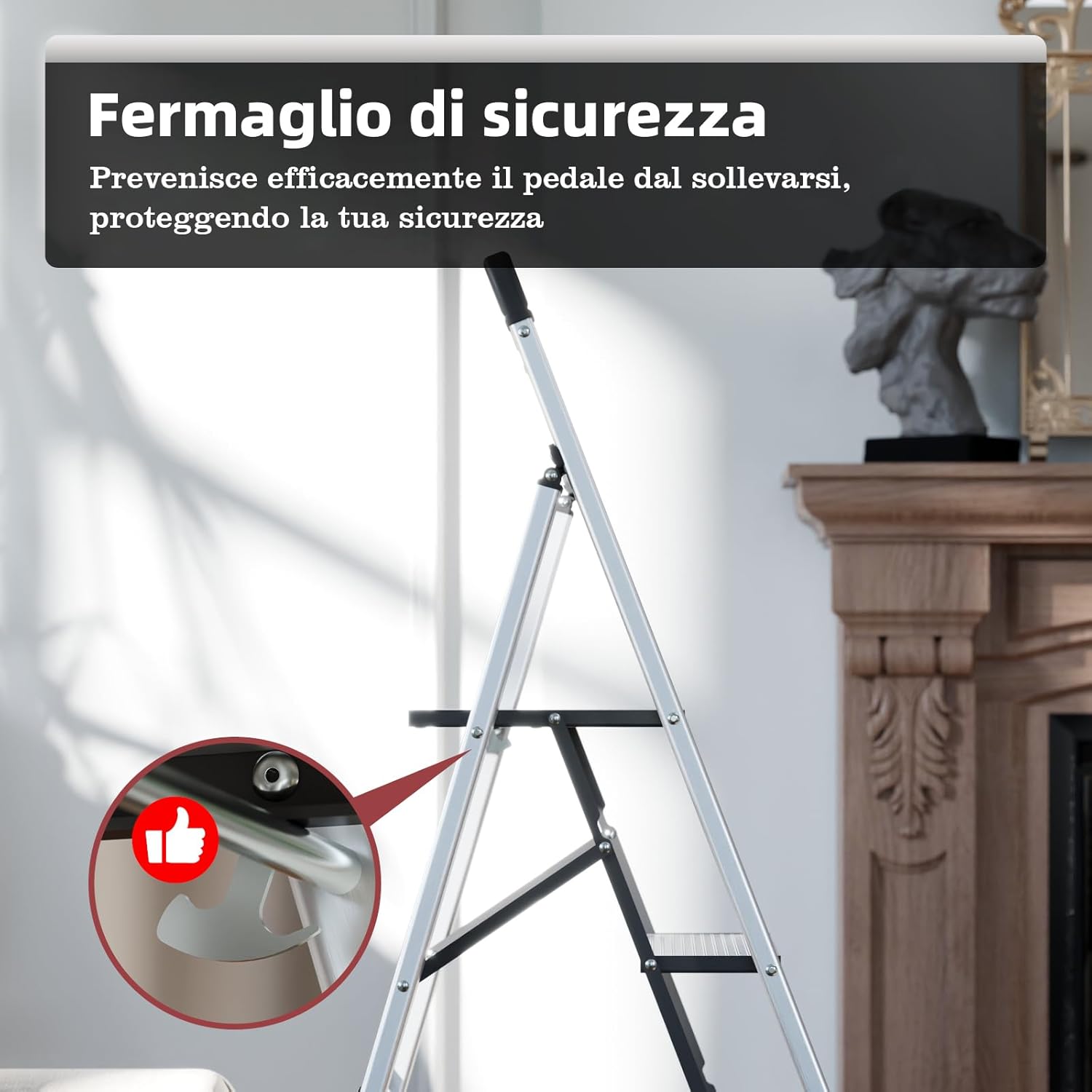 Scaletta 5 Gradini Pieghevole in Alluminio Leggera con Corrimano, Blocco di Sicurezza, Pedali Antiscivolo, Scala per Cucina Garage Casa