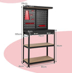 Banco da Lavoro, Organizer per Attrezzi in Metallo con 2 Pannelli Perforati con Kit di 14 Ganci, Cassetti e 2 Ripiani, Banchi da lavoro per Officina, Garage