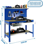 Banco da lavoro per officina, capacità di carico 600 kg, 1445x1210x610 mm, Pannello Forato, Ripiano per cassetti, Tavolo da lavoro fai da te, Blu/Legno - BT3
